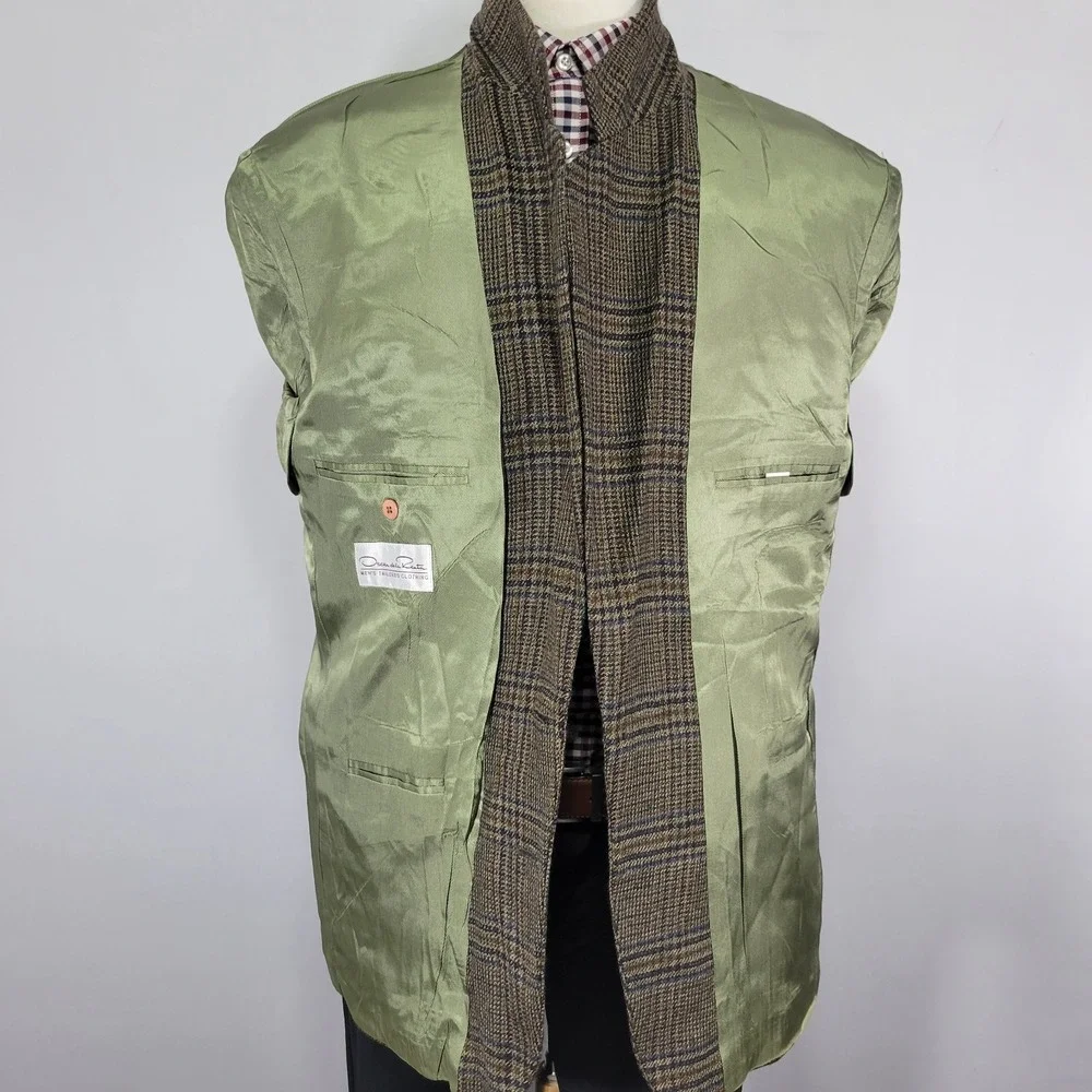 Oscar De La Renta‎ Men's Sport Coat Blazer Two Button Olive Tweed Plaid Wool 44R